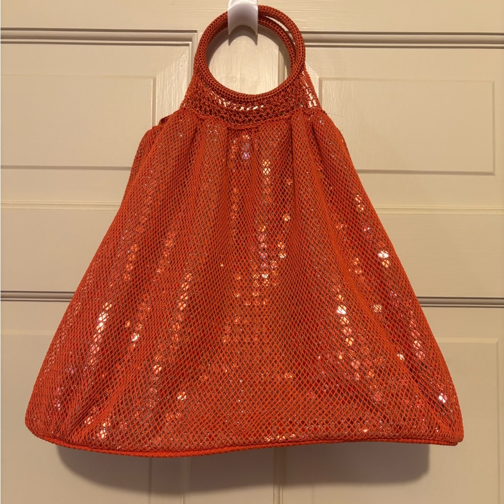 Orange women’s sequin woven sparkly tote handbag travel purse holiday gift bag